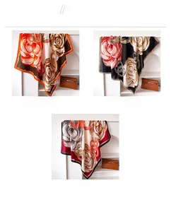Three elegant silk-like square scarves with large rose floral prints in assorted colors