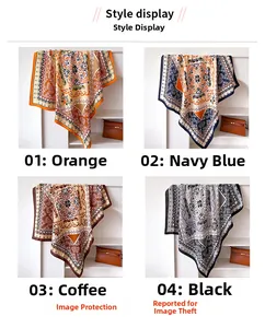 Baroque print silk scarves in four colors shown with luxury leather handbag detail