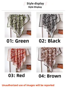Detailed grid showing polka dot and camellia silk scarves in green, black, red, and coffee