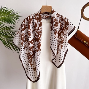 Elegant Square Scarf For Women Camellia Flower Print Polka Dot Imitation Satin Satin Shawl Retro French Style Neck Head Wrap