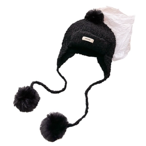 Black balaclava wool knit hat with plush earflaps and three fluffy pom poms