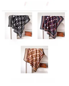 Three elegant square silk scarves in black, navy, and beige with classic geometric patterns