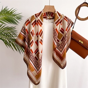 Elegant Square Scarf Satin Polyester Geometric Print Retro Large Shawl Headscarf Women Fashion Accessory