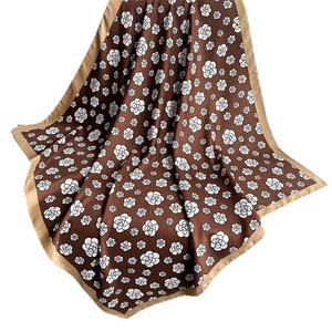 Brown satin silk square scarf featuring white camellia floral prints and beige border