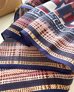 Detailed view of checkered silk-feel scarf featuring houndstooth and geometric prints