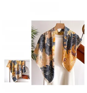 Macro detail of silk scarf with vintage botanical prints and herringbone texture weave