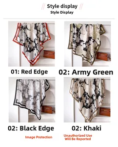 Detailed grid view of four vintage floral silk scarves in red, green, black, and khaki colors