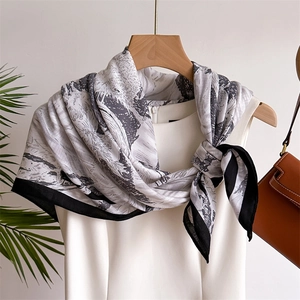 Retro squirrel plant print silk square scarf with herringbone pattern and black borders