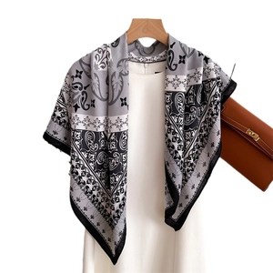 Silk-like satin large square scarf with baroque floral print and herringbone pattern