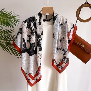 Elegant Large Square Scarf Vintage Plant Animal Print Imitation Satin Shawl Versatile Luxury Hair Bandana Women