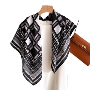 Elegant 90cm checkered silk satin square scarf with geometric pattern and soft texture