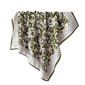 Silk-like satin square scarf with green camellia floral print and polka dot borders