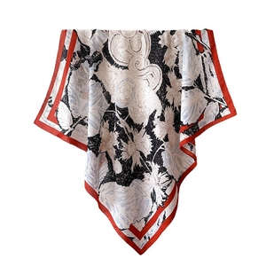 Retro botanical squirrel print silk square scarf with elegant red borders and floral pattern