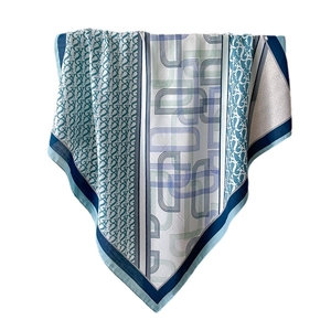 Navy and beige 90cm faux silk scarf with modern geometric letters and herringbone pattern