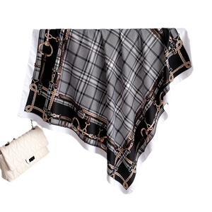 Fashionable plaid silk satin square scarf with chain pattern and houndstooth print