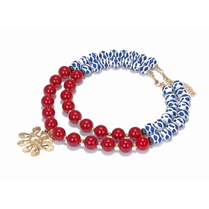 Double-layer handmade beaded necklace with evil eye pendant and gold lobster clasp