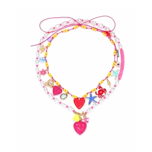 Bohemian multi-layer beaded necklace with colorful starfish, crab, heart charms and velvet ribbon