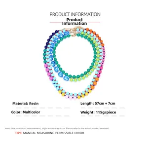 Detail of multi-layer colorful resin bead necklace showing 57cm length specifications