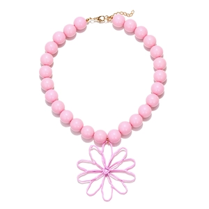 Pink beaded necklace with large flower pendant and adjustable gold clasp for women