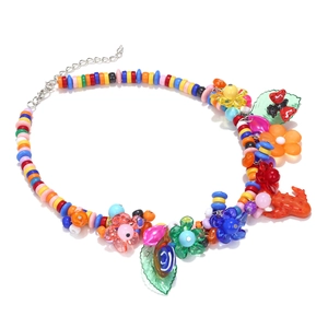 Colorful beaded necklace with floral butterfly charms and adjustable chain for summer
