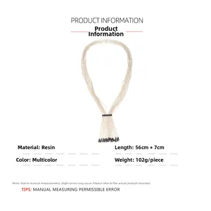 Multi-layer white resin bead necklace detail with black tassel and size specifications