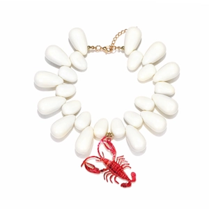 Ocean style handmade necklace featuring white teardrop beads and a red crayfish pendant