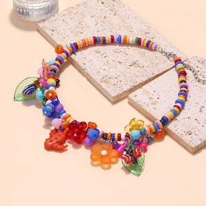 Colorful handmade beaded floral pendant necklace with bohemian charms for summer vacation