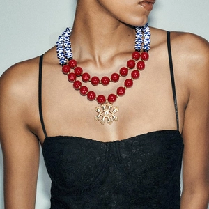 Layered Resin Beaded Necklace With Zinc Alloy Evil Eye Pendant Retro Mixed Color Bohemian Jewelry For Women