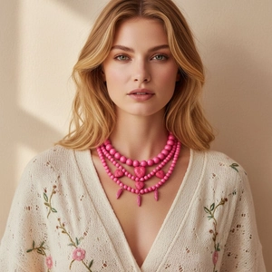 Collier Perles Multicouches Bohème Rose Résine Pendentifs Coeur Feuille Douce Chaîne De Clavicule Pour Femmes