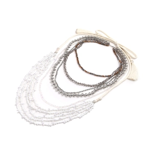Multi-layer handmade beaded necklace with white pearls, grey crystals and tassel knots