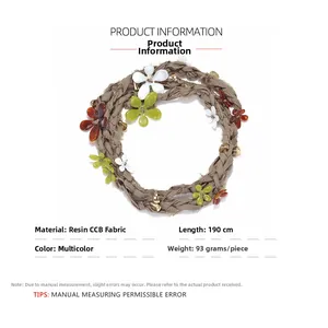 Detail showing 190cm long handmade woven floral necklace with resin flowers and CCB beads