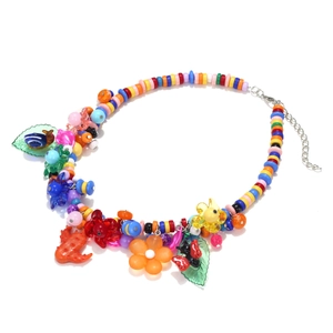 Colorful beaded necklace featuring flowers and cactus pendants for a summer beach look