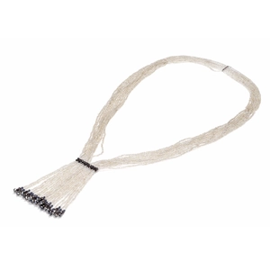 Multi-strand silver seed bead fringe necklace with elegant dark purple crystal pendants