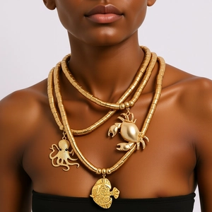 Bohemian Multilayer Necklace Zinc Alloy Metal Beads Octopus Crab Fish Pendants Ocean Style Exaggerated Statement For Women