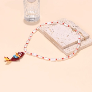 Handmade beaded tropical fish necklace with baroque pearls and colorful fish pendant
