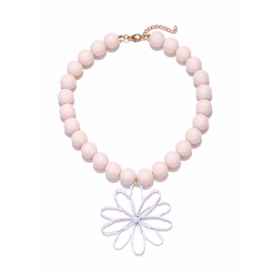 Handmade beaded necklace with large white wire flower pendant and adjustable lobster clasp