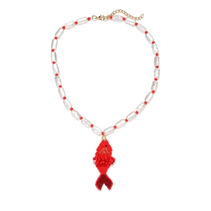 Handmade beaded necklace featuring red woven tropical fish pendant and white pearls