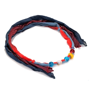 Handmade tie-dye gradient fabric necklace with colorful glass beads and adjustable cord