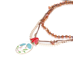 Multi-layer beaded necklace with colorful enamel flower pendant and amber resin beads
