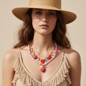 Handmade Bohemian Layered Necklace Faux Artificial Pearl Resin Colorful Beads Starfish Crab Heart Charms Ocean Vacation Jewelry
