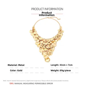 Close-up of golden multi-layer cascading metal fringe necklace with 43cm length details