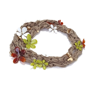 Handmade woven bohemian fabric necklace with resin flowers and adjustable long rope strap