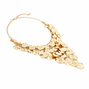 Statement layered gold bib necklace with brushed metal fringe and adjustable lobster clasp