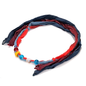 Long boho tie-dye fabric necklace with colorful beads and adjustable rope styling