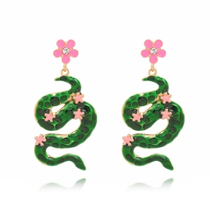 Green snake earrings with pink flower details and rhinestones on a gold base