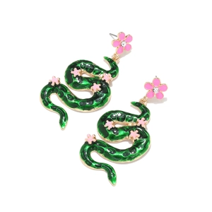 Green enamel snake earrings with pink floral details and sparkling crystal studs