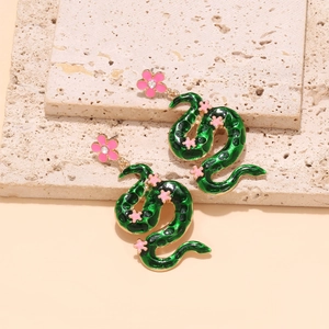 Charming green enamel snake drop earrings with pink floral accents and zircon details