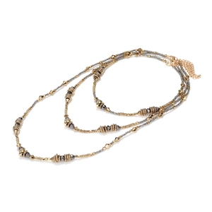 Layered gold and gunmetal beaded waterfall necklace with adjustable lobster clasp closure