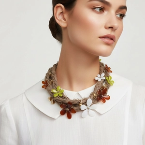 Handmade Braided Long Flower Necklace Resin Floral Fabric Rope Adjustable Bohemian Vintage Style For Women