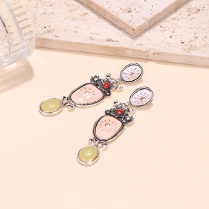 Vintage palace style enamel floral drop earrings with pink and yellow layered pendants